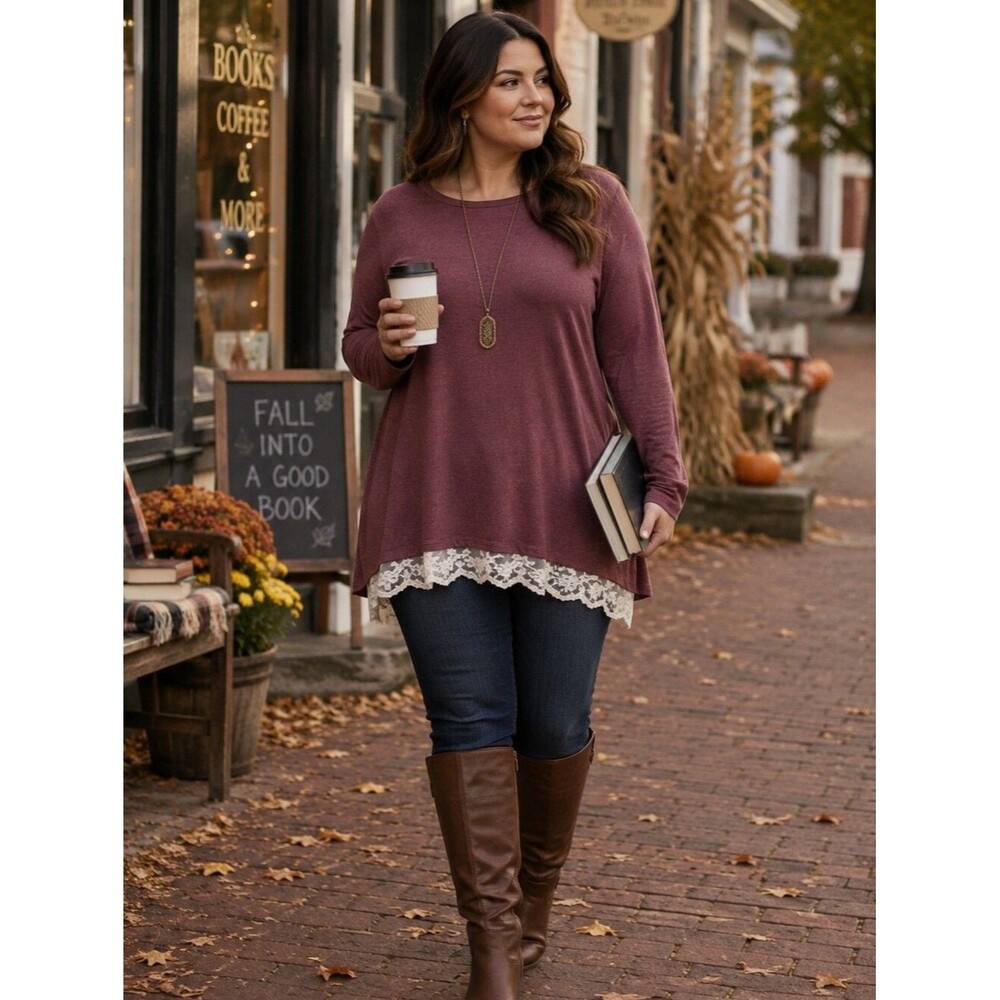 Rose Knit Tunic Cream Lace Hem Soft Romantic XL L/S Cottagecore Coquette